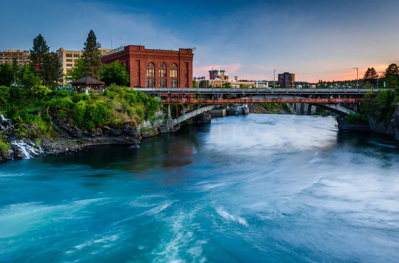 The Spokane River At Sunset, In Spokane, Washington.