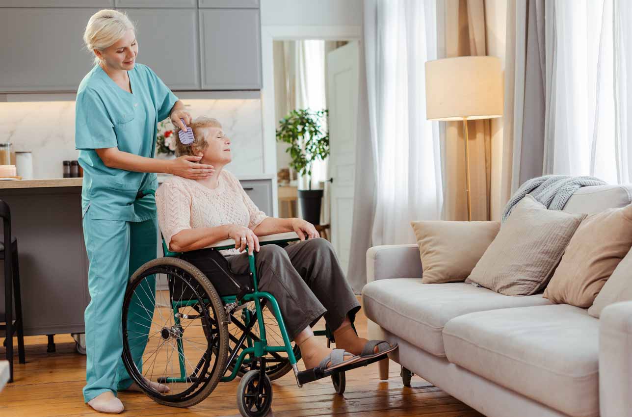 services-senior-care-sidebar Caregiver brushing hair of senior woman in wheelchair